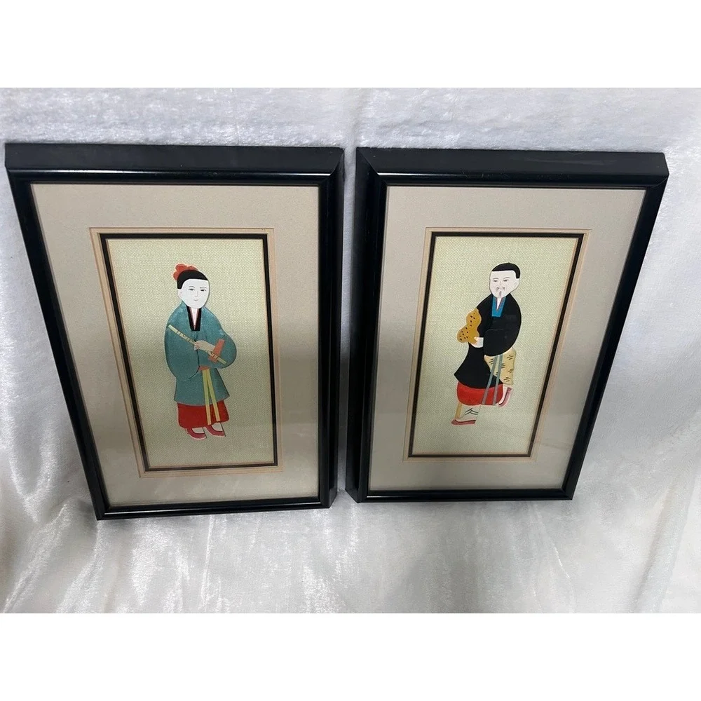 Set 2 Framed Vintage Art‎ Chinese Silk Fabric 13x9.5